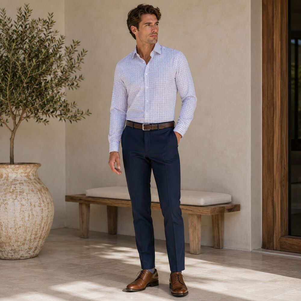 MIZZEN + MAIN Leeward Mens Dress Shirt Check MEDIUM Trim Fit Blue L-10009